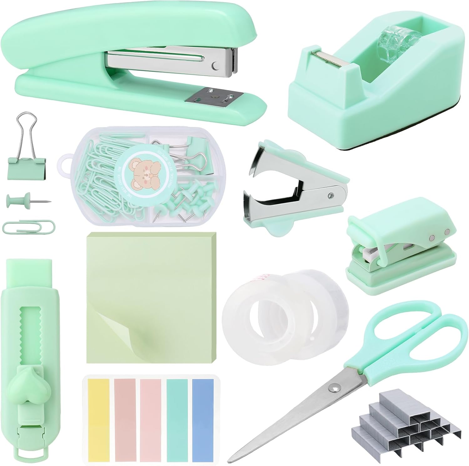 Candcamp Desk Accessories Set, Office Supplies Set with Stapler, Staple Remover, Staples, Tape Dispenser, Clips Set, Tape, Sticky Notes, Scissor, Hole Punch, for Students, Office Clerks
