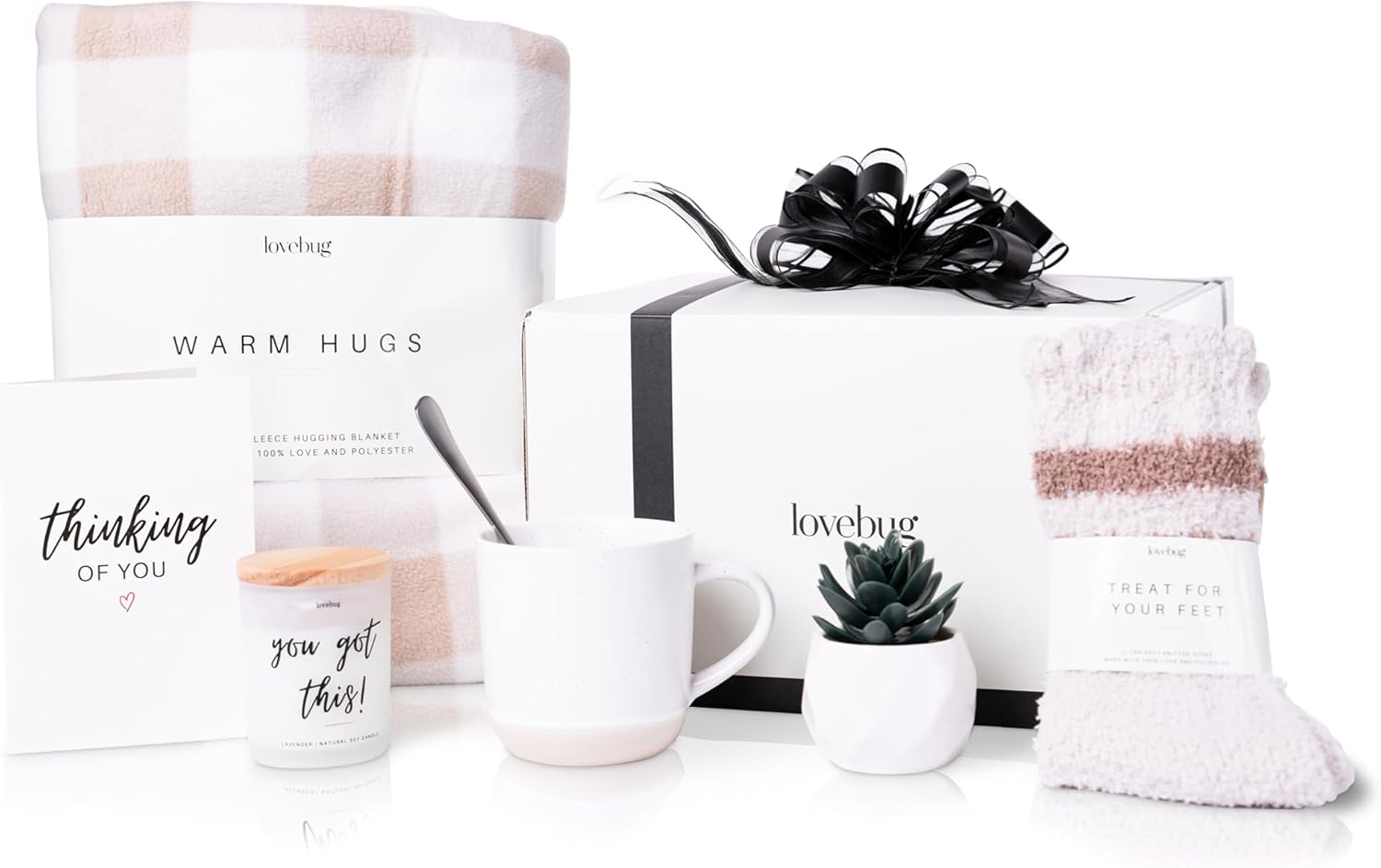 lovebug Get Well Soon Gift Basket for Women – After Surgery Gifts, Feel Better Care Package with Blanket, Candle, Socks, Mug, Spoon, Succulent – Thinking of You
