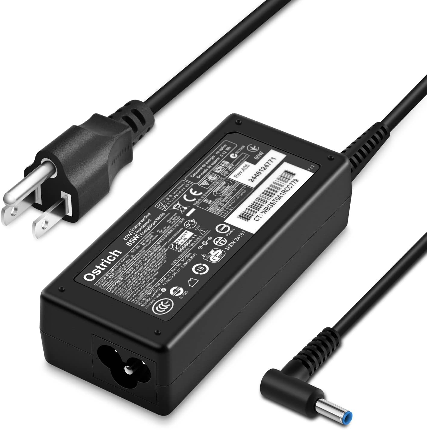 Ostrich Charger Compatible with HP Laptop Computer 65W 45W Smart Blue Tip Power Adapter