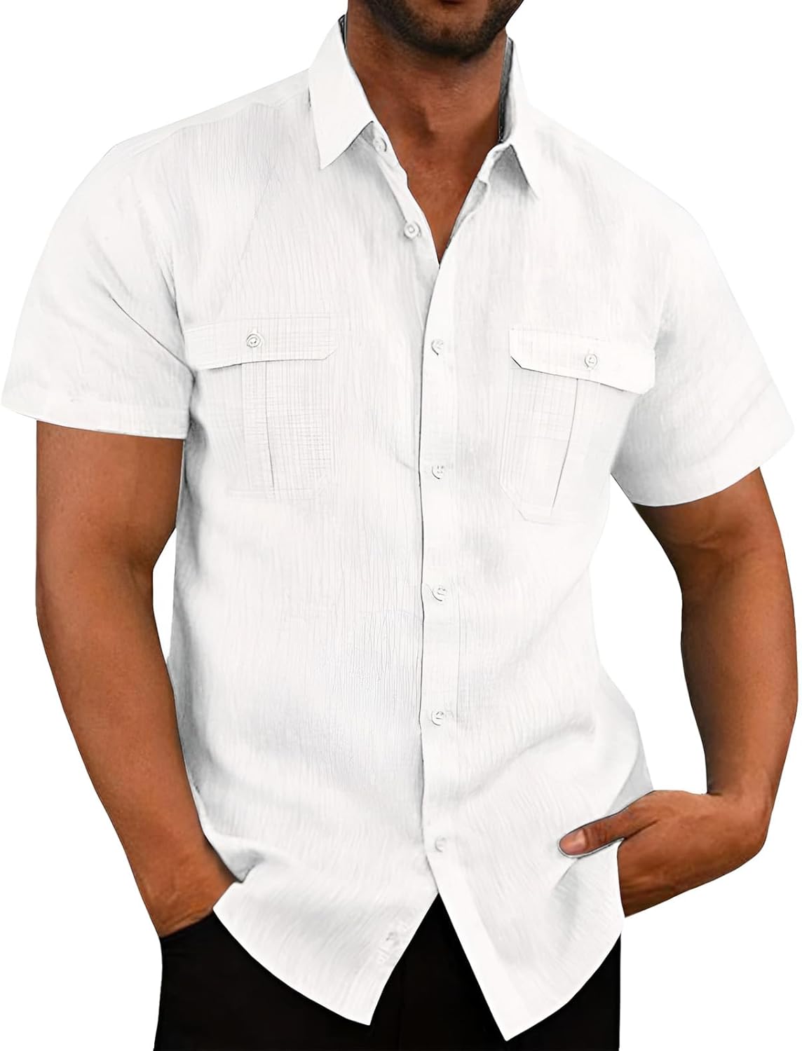 VUIOYRG Stretch Short Sleeve Shirt with Pockets,Men's Summer Cotton Button Down Casual Shirts,Plain Regular Fit Casual Business Shirt, Lightweight Beach Tops