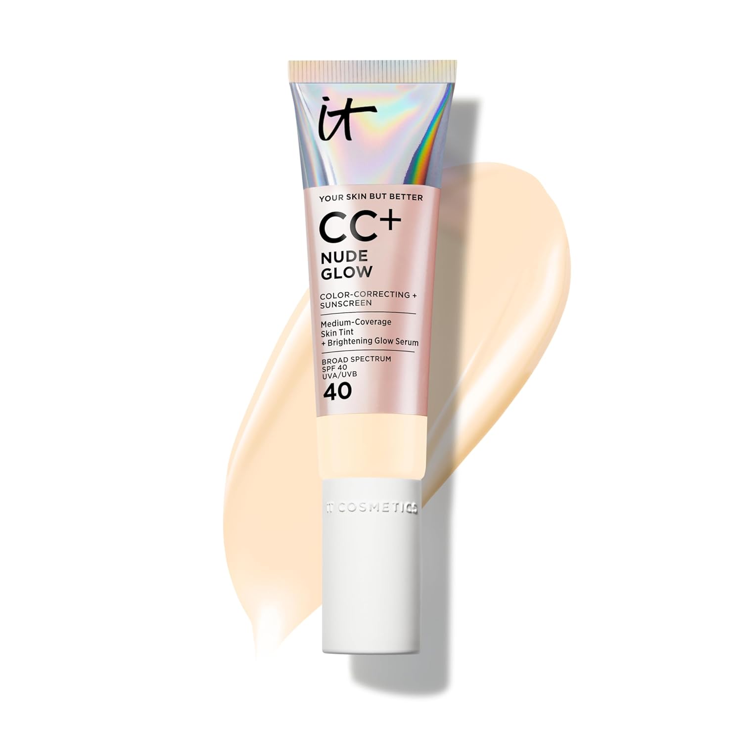 IT Cosmetics CC+ Nude Glow - Medium Coverage Foundation with SPF 40 & Brightening Glow Serum, Lightweight Skin Tint, 2% Niacinamide + Hyaluronic Acid, Up to 24H Hydration, Normal/Dry Skin - 1.08 fl oz