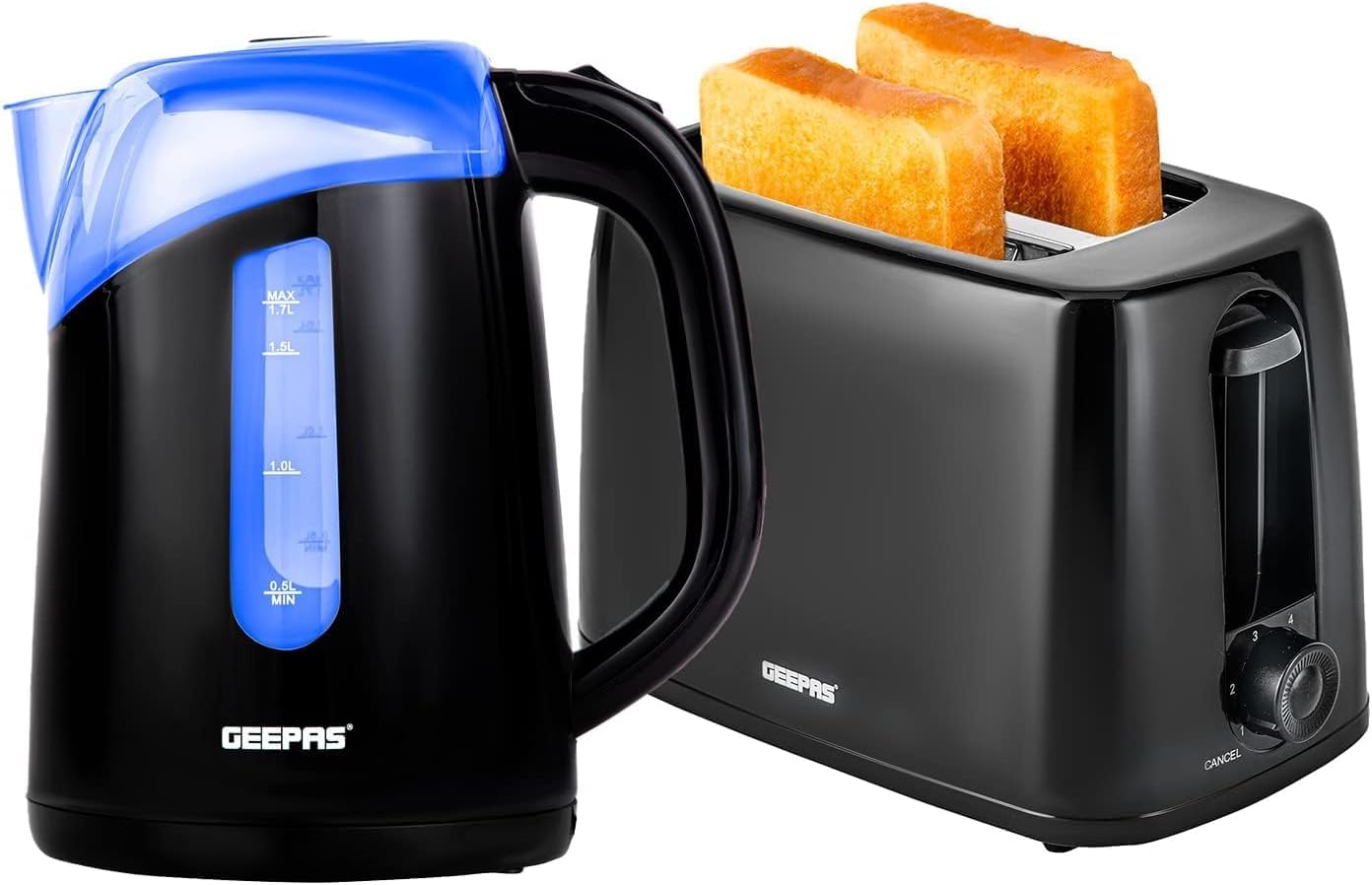 GEEPAS 2 Slice Bread Toaster & 2200W Illuminating 1.7L Kettle Combo Set | Cordless Rapid Boil Jug Kettle 650W Toastie 6 Level Browning Level Cancel