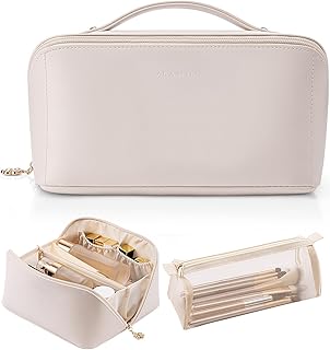 Vlando Travel Makeup Bag, Make up Bag Travel Toiletry Bag for Women Open Flat Makeup Organizer with Divider and Handle,Christmas Gifts for Women-White
