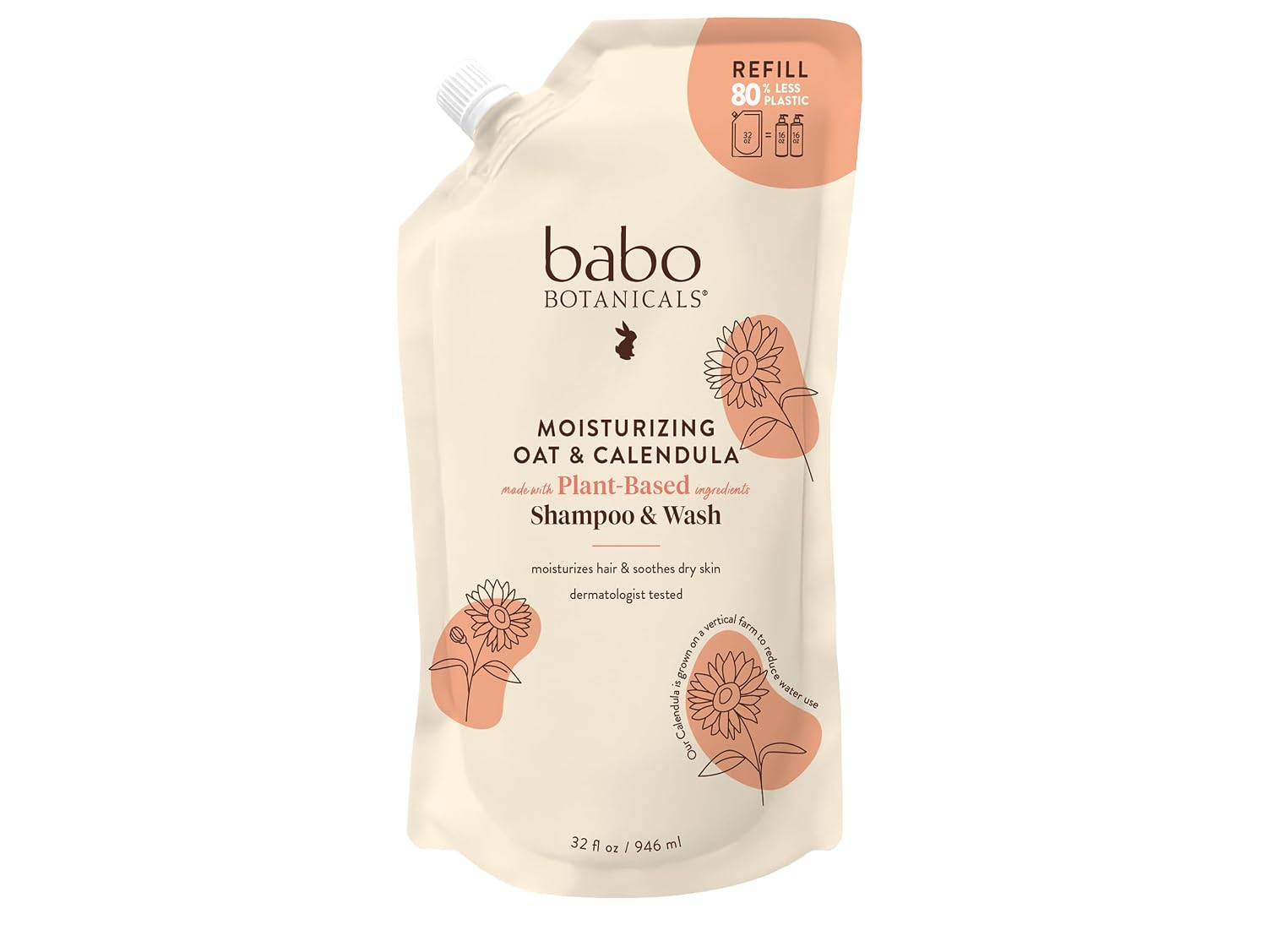 Babo Botanicals Moisturizing Oat & Calendula 2-in-1 Shampoo & Wash - for Dry or Sensitive Skin - for All Ages - Lightly Scented - Vegan - Refill pouch 32 fl.oz.