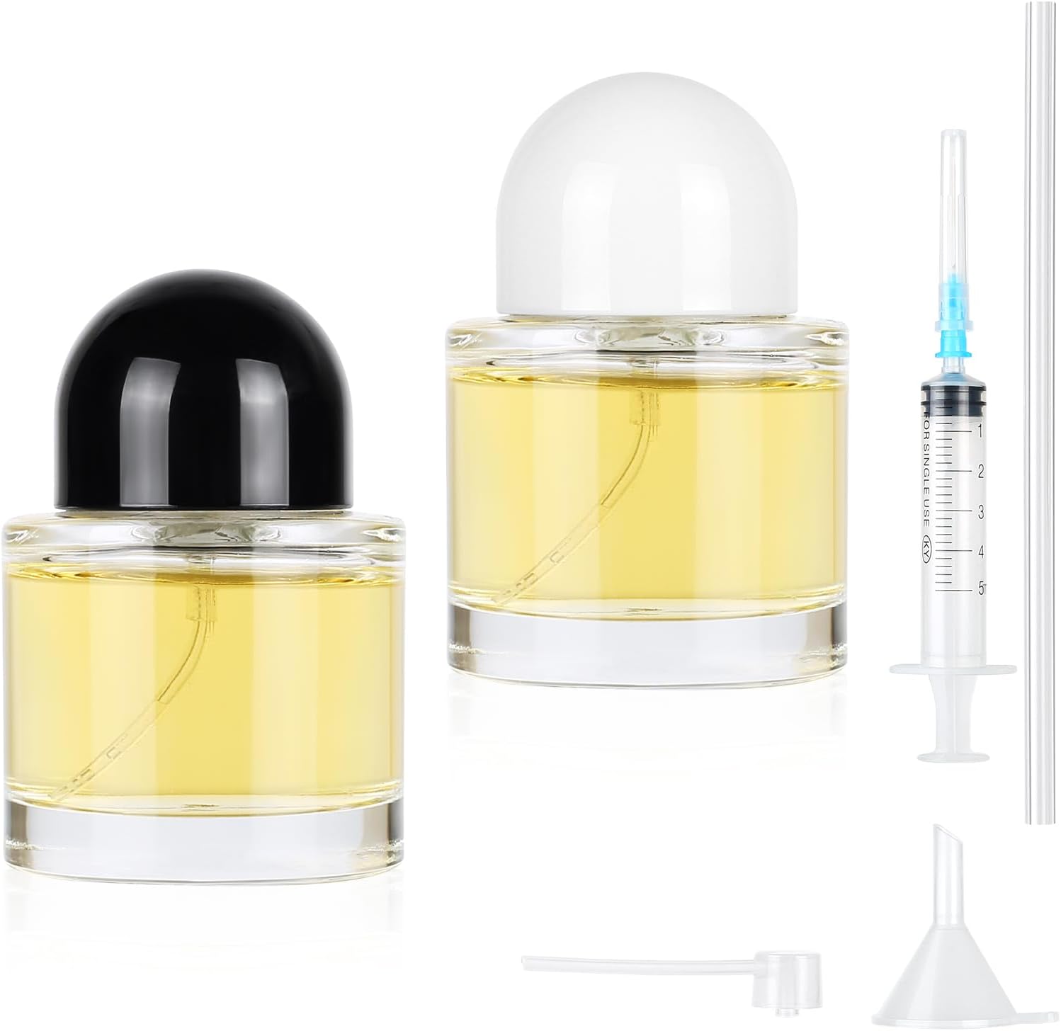 MirraSwit 2 Pcs Perfume Atomiser, Glass Cosmetic Fine Mist Atomizer 30ml, Round Travel Perfume Glass Spray Bottle with Syringe, Funnel for Cleaning, Perfume, Cosmetic (Black + White)