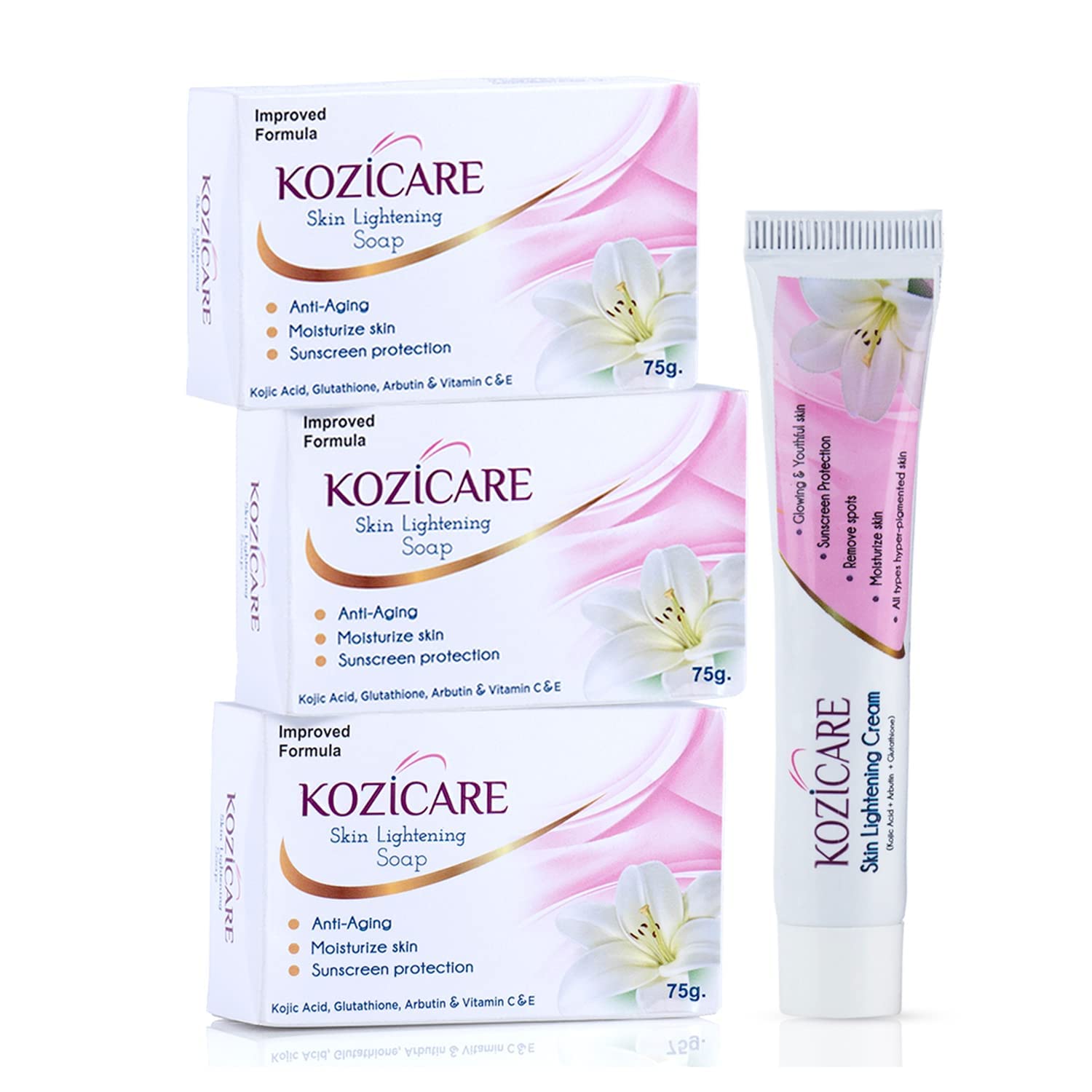 Kozikcare Skin Lightening Facial Kit | 3 Soap + 1 Cream Pack | For Lightening & Brightening Skin | Contains Goodness of Kojic Acid, Arbutin, Glutathione