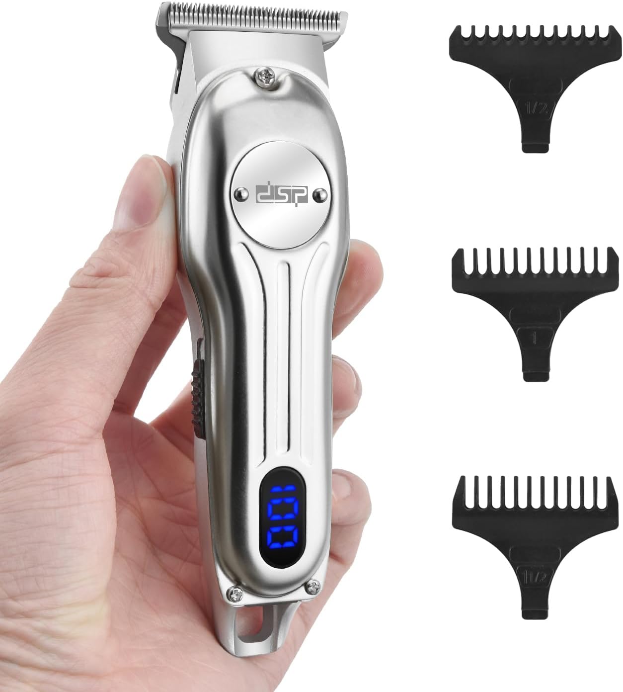 DSP Beard Trimmer for Men, Cordless Hair Clipper Shavers for Men, Facial Hair Trimmer for Beard & Mustache Trimming, Professional Haircut Kit for Men Rechargeable LED Display (Silver)