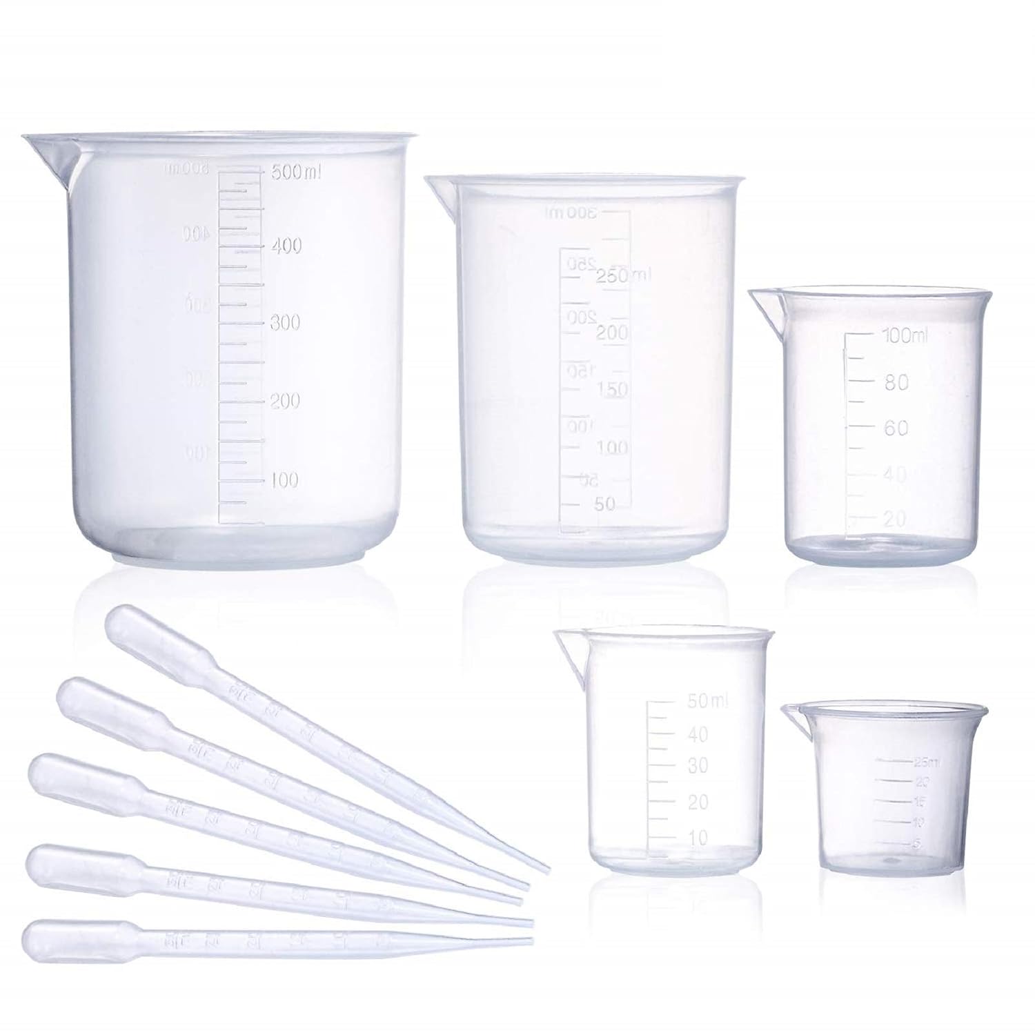 Plastic Beaker Set,5 Size Low Form Graduated Griffin Polypropylene Beakers