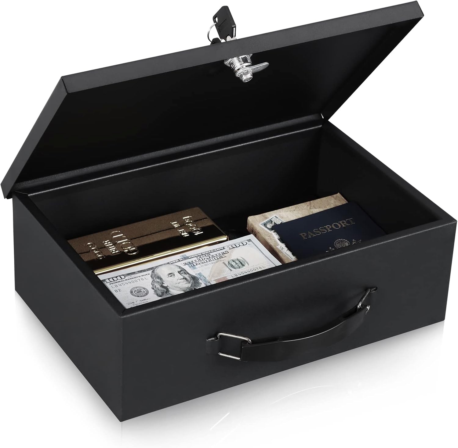 KYODOLED Fireproof Document Box with Key Lock, Small Lock Boxes for Personal Items, Fire and Water Resistance, Fireproof Safe Box for Documents, Jewelry, Passport, Cash, 12.6'' x 8.3'' x 4.3'' Black