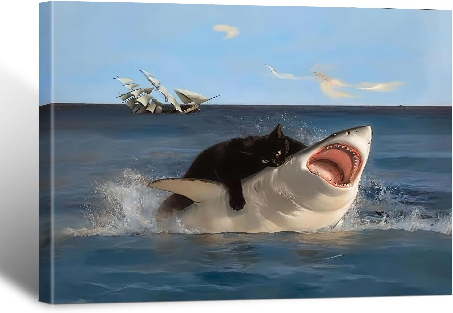 BFKDKG Framed Black Cat Wall Art, Abstract Black Cat Shark Poster, Funny quirky cat and shark pictures canvas prints Wall Decor for Room Bedroom Living Room Bathroom 12x16in