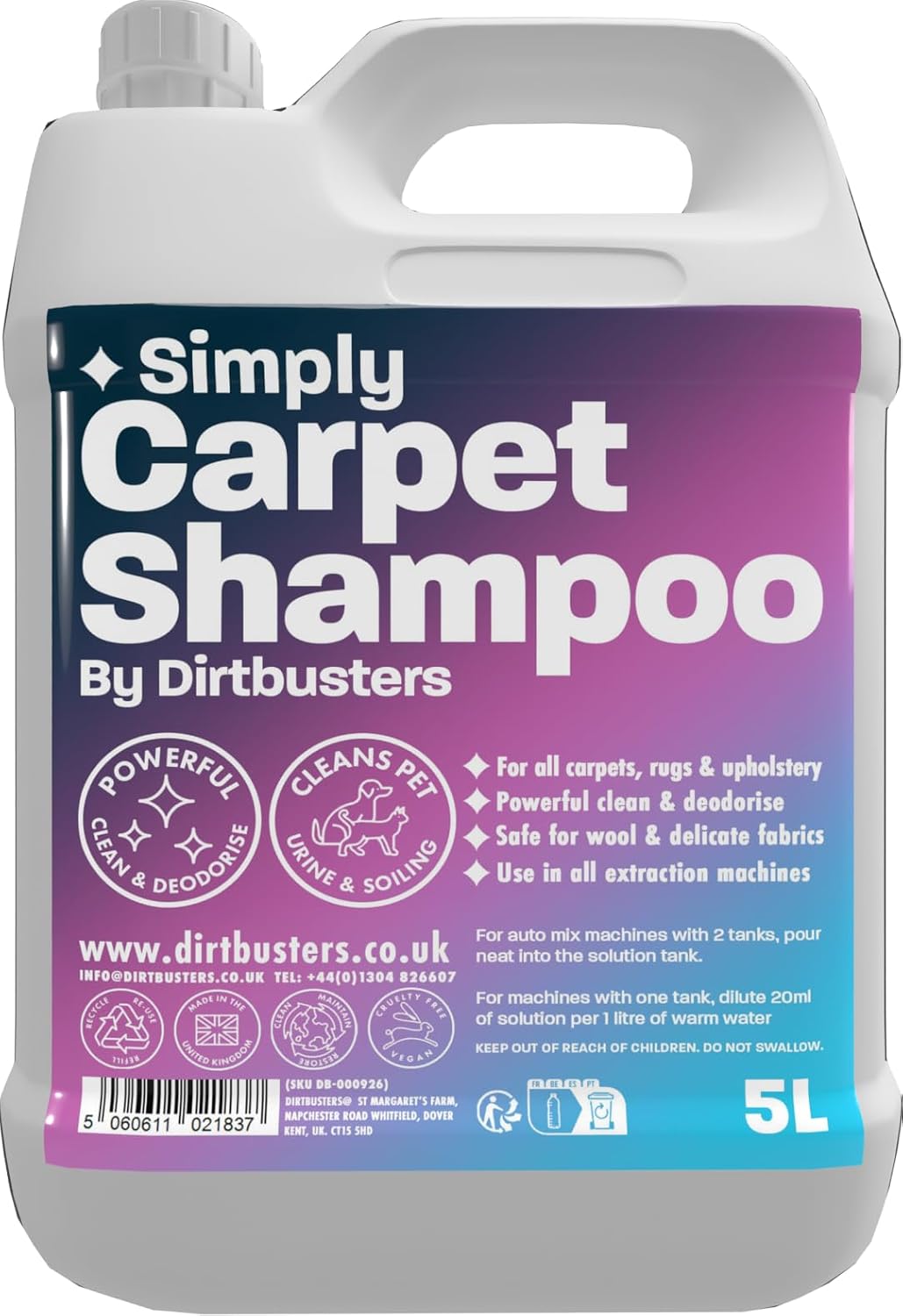 Dirtbusters Simply Carpet Cleaner Shampoo Solution, Stain Remover (5L)