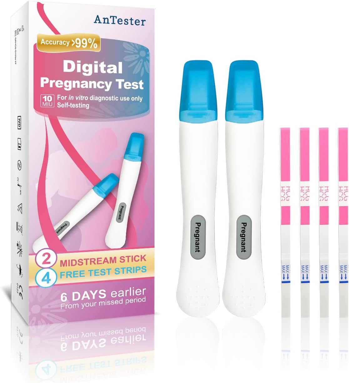 2X Early Digital Pregnancy Test Kit + 4X hcg Test Strips 10mIU/mL,at-Home Pregnancy Test Kit for Women with Easy-to-Read Results