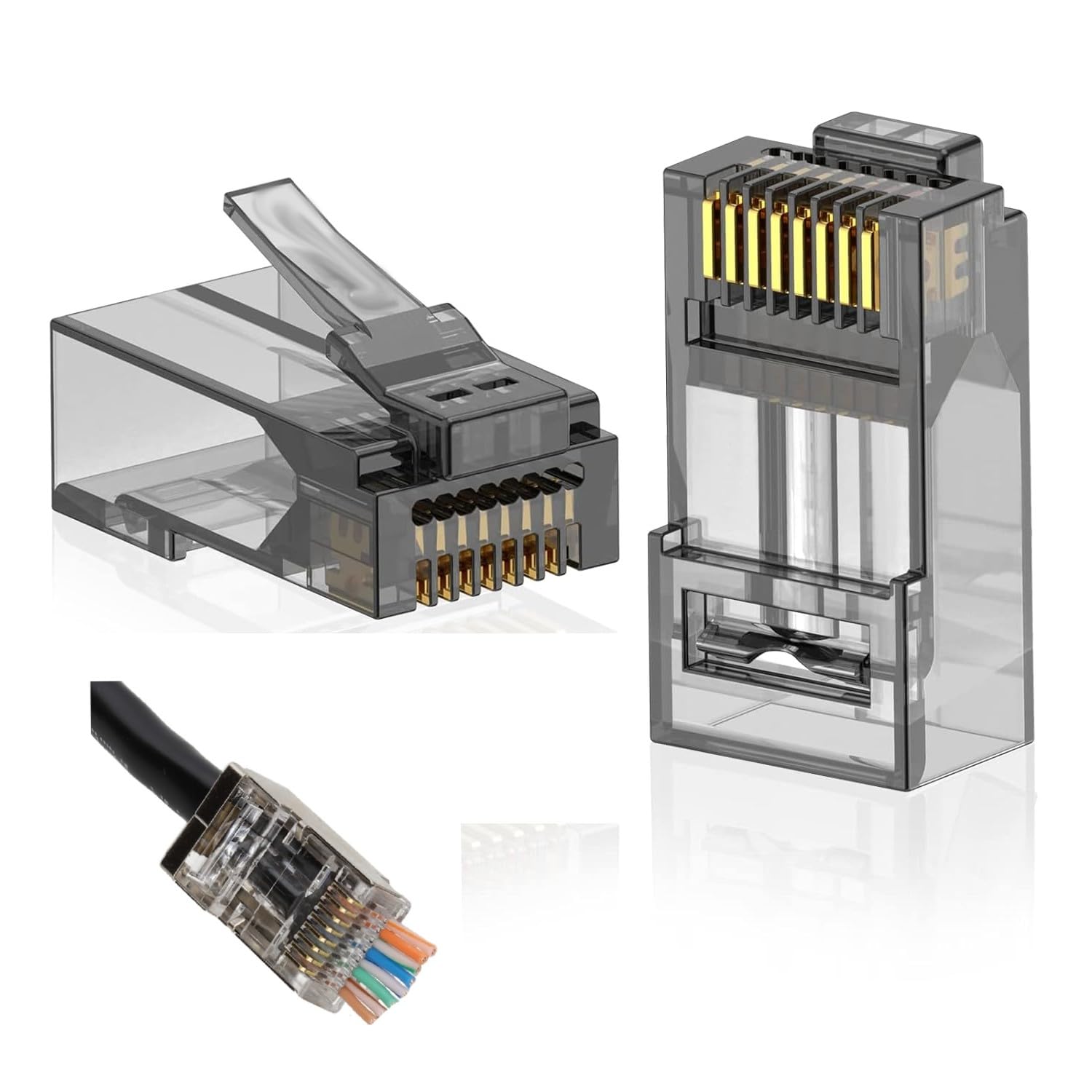 Q-View Cat6 RJ45 Pass Through Ends, 100 Pack Cat6 Connector, Cat5e RJ45 Connector, Ethernet Cable Crimp Connectors UTP Network Plug for Solid Wire and Standard Cable Transparent