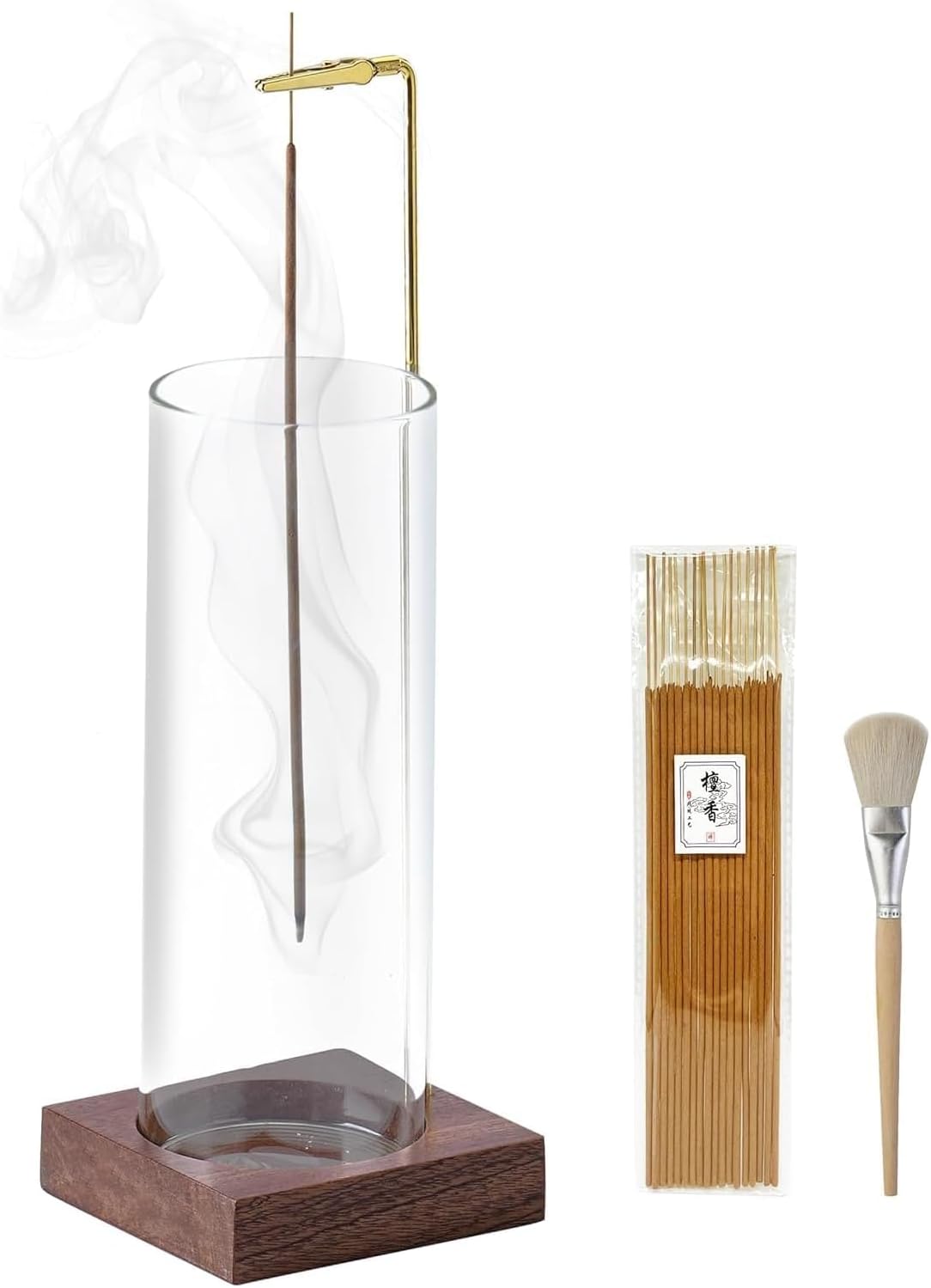 Ceremony Incense Holder, Wooden Incense Holder for Sticks with Glass Ash Catcher, Anti-ash Incense Burner with 20 Incense Sticks and a Ash Brush for Meditation Yoga Spa Room Decor