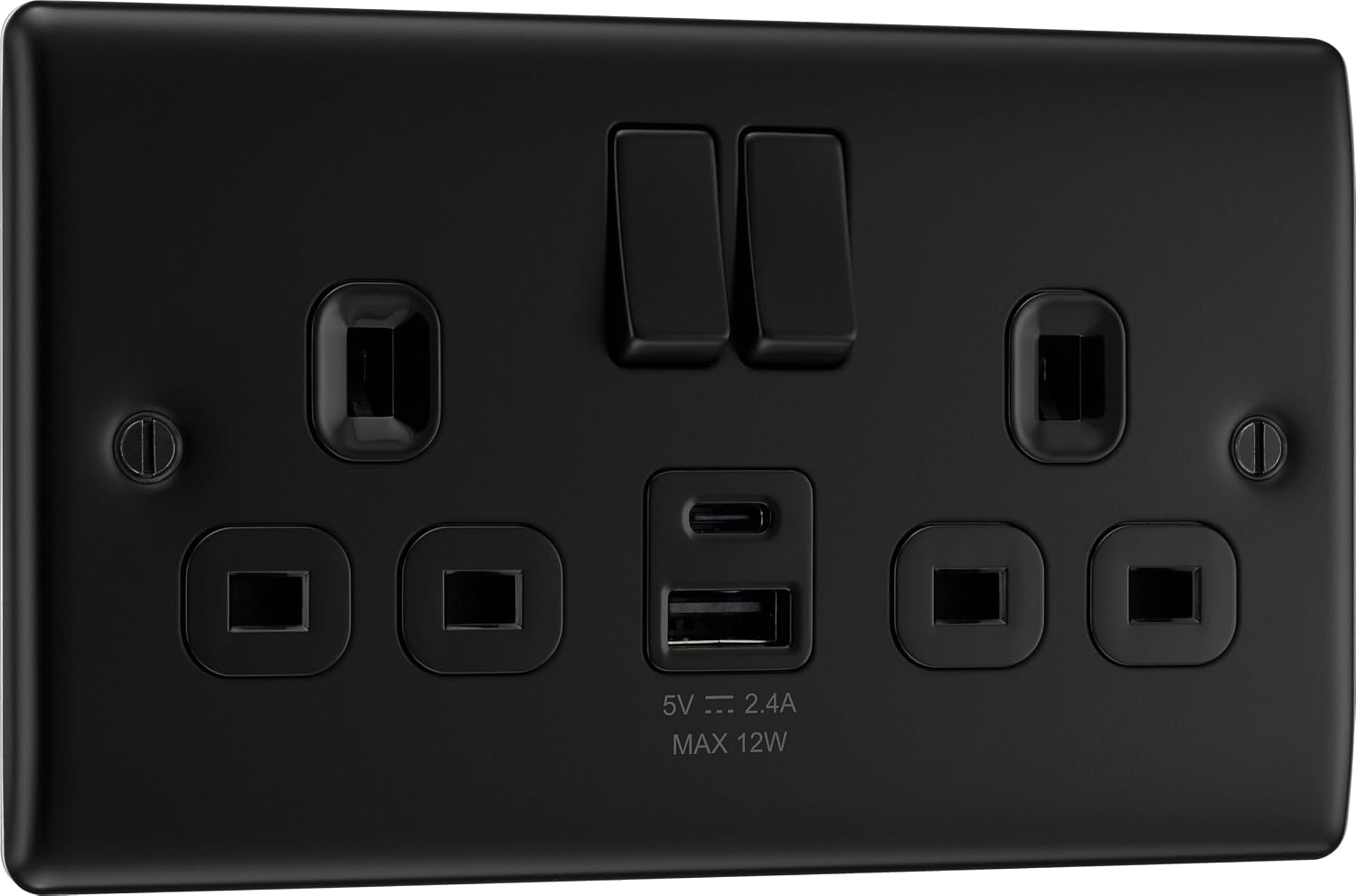 BG Electrical Double Switched Power Wall Plug Socket with Type A and Type C USB Charging Ports, Nexus Metal, Matt Black, 13A, 12W, NFB22UAC12B