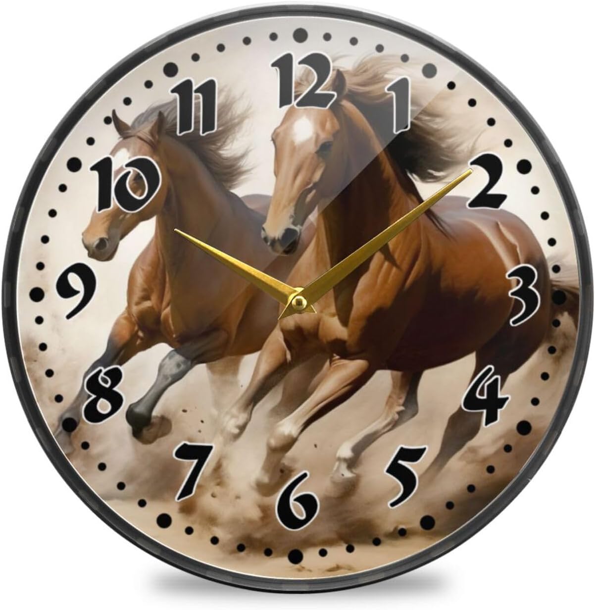 Running Horses Wall Clock 12 Inch Silent Non Ticking Battery Operated Analog Clocks for Office, Home, Kitchen, Bedroom, School, and Living Room Decor