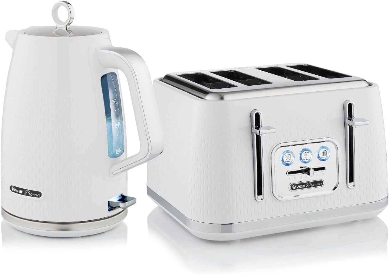 Swan Elegance Kitchen Set, 1.7L Kettle & 4 Slice Toaster, White, SK14016WHT & ST19025WHT
