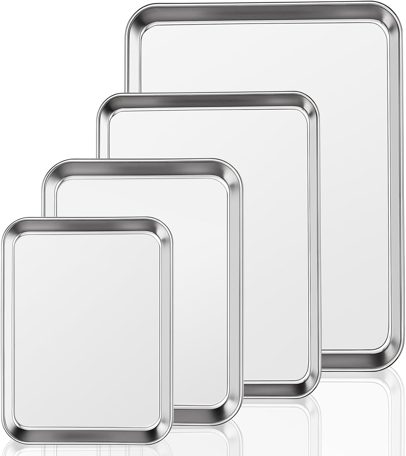 Baking Tray Set of 4, Essentials Stainless Steel Oven Sheet Sets, Rimmed Pan Baking Sets -Healthy & Non Toxic, Easy Clean & Dishwasher Safe (Large Size)
