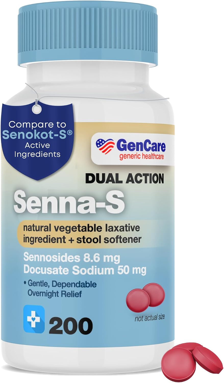 GenCare - Senna-S Natural Vegetable Laxative Plus Stool Softener Dual Action (200 Tablets) Value Pack | Gentle Dependable Overnight Relief of Occasional Constipation Generic for Senokot-S