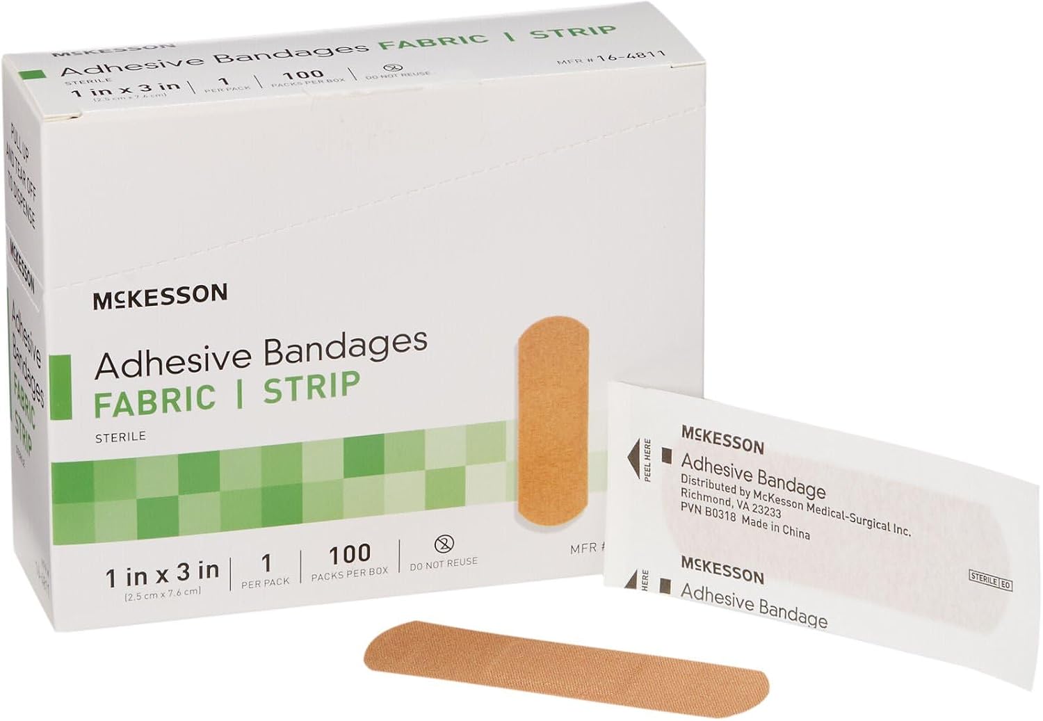 McKesson Adhesive Bandages, Sterile, Fabric, Tan, 1 x 3 in, 100 ct