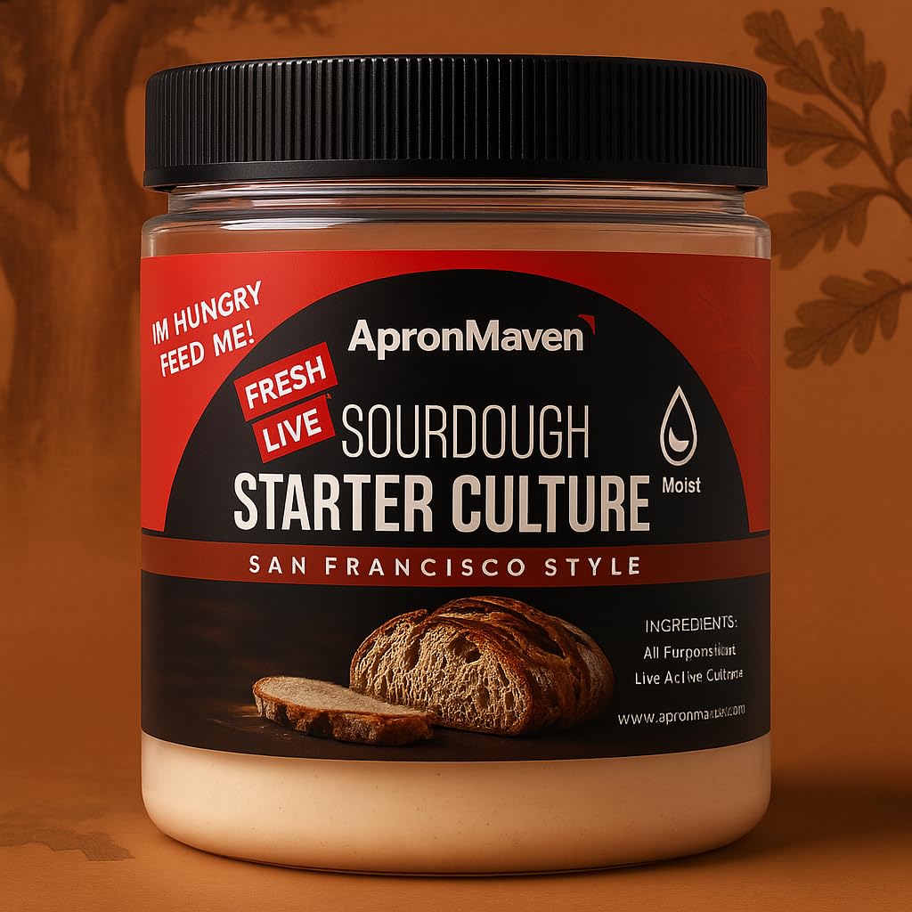 Apron Maven Premium Sourdough Starter Culture - Chewy Tangy San Francisco Style - Fresh Live Liquid Sour Dough in Jar - With Simple Beginner Friendly Feeding Instructions and Customer Support for Homemade Bread Baking Supplies
