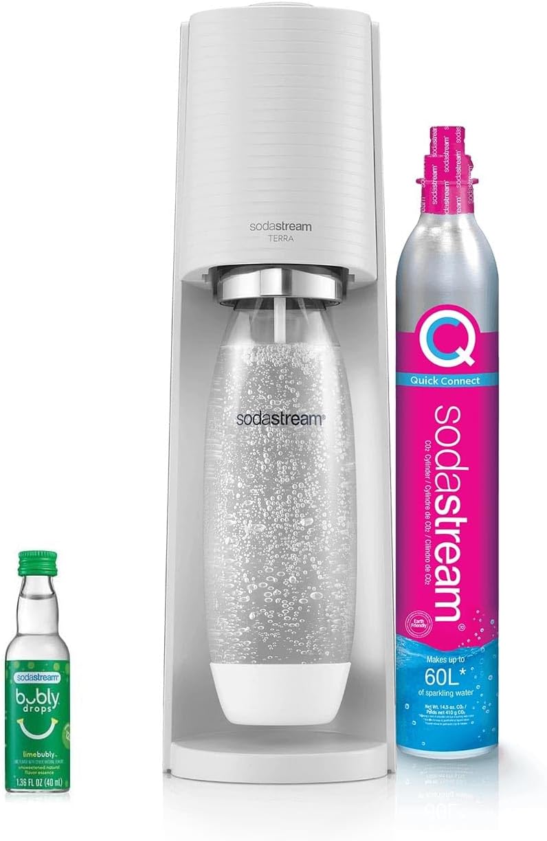 SodaStream TERRA Sparkling Water Maker, Starter Kit, CQC CO2 System, Includes 1 Quick Connect 60L CO2 Cylinder, 1 Dishwasher Safe BPA Free Bottle, 1 bubly Lime Drop, Make your own Pepsi, White
