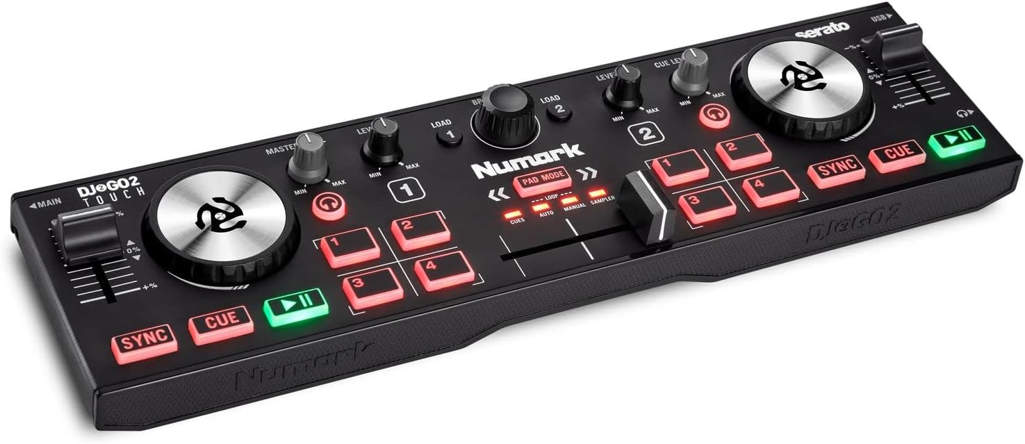 Numark DJ2GO2 Touch – Compact 2 Deck USB DJ Controller with Mixer / Crossfader, Audio Interface and Touch Capacitive Jog Wheels