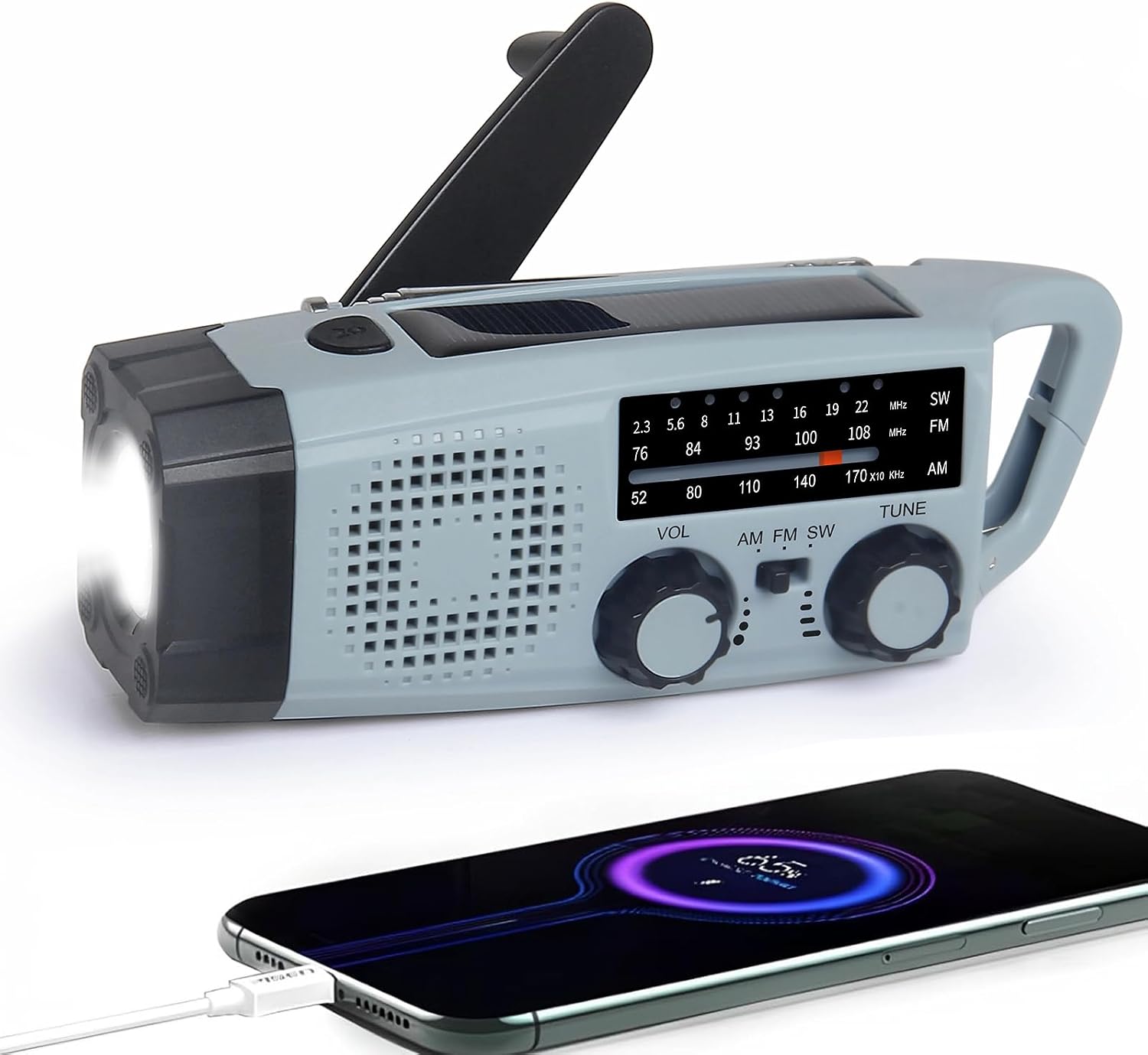 GEMMAC Emergency Radio with Solar/Hand Crank/Battery Powered Radio, 2000mAh Power Bank Wind Up Radio AM/FM/SW IPX5 Survival Kit, LED Torch & SOS Alarm for Outdoor Camping/Power Cuts Survival Equipment