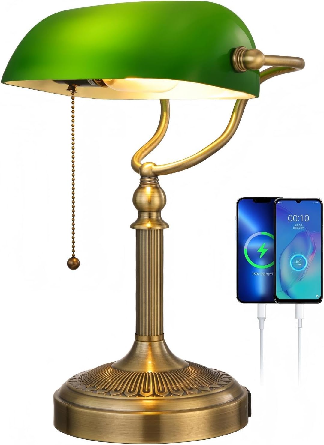 Green Glass Bankers Desk Lamp with USB Fast Charging Port | Pull Chain Switch Plug in Fixture