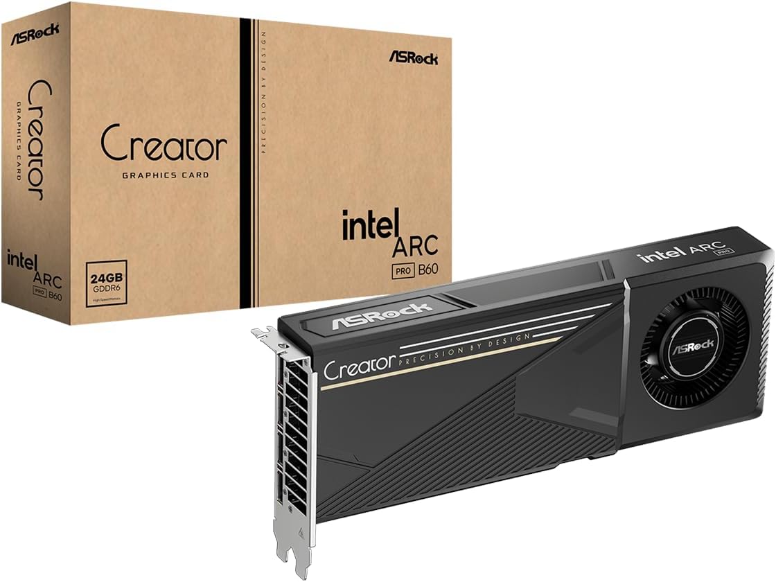 ASRock Intel Arc Pro B60 Creator 24GB Graphics Card, Workstation GPU, Xe2-HPG, 2400MHz, 24GB GDDR6 192-bit, PCIe 5.0, 4X DP 2.1, Blower