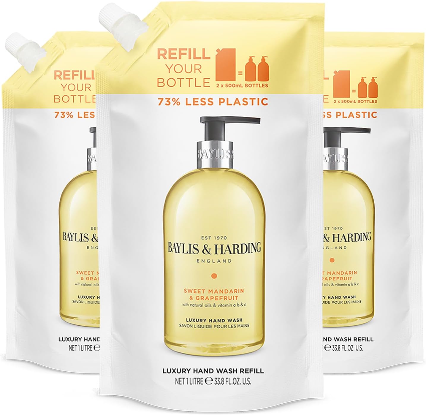 Baylis & Harding Sweet Mandarin & Grapefruit Hand Wash 1 Litre Refill Pouch (Pack of 3) - Vegan Friendly