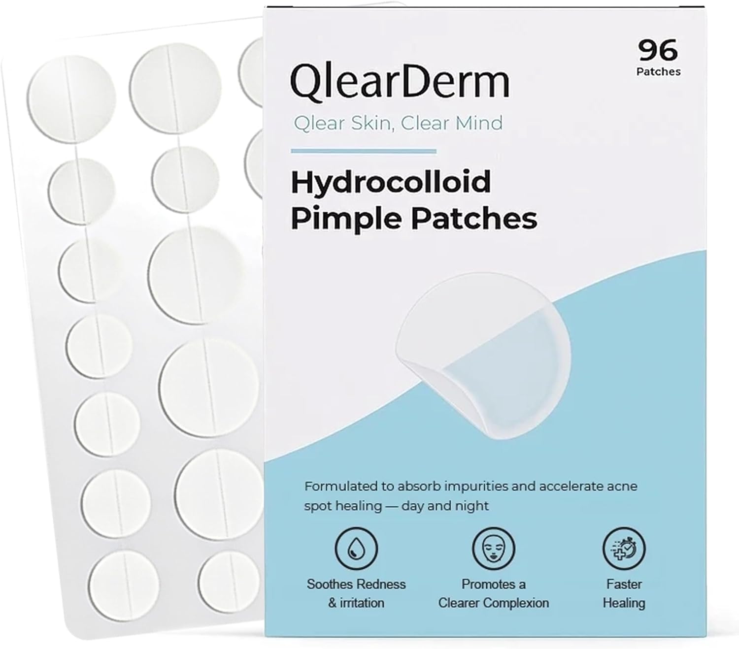 QlearDerm Pimple Patches – 96 Hydrocolloid Acne Spot Dots, 4 Sizes – Invisible Fast-Acting Blemish Cover Stickers, Vegan & Cruelty-Free, Korean Skincare