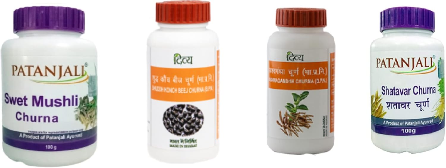 Patanjali Shatavar, Swet Mushli, Ashwagandha & Konch beej Churna Shuddh Combo