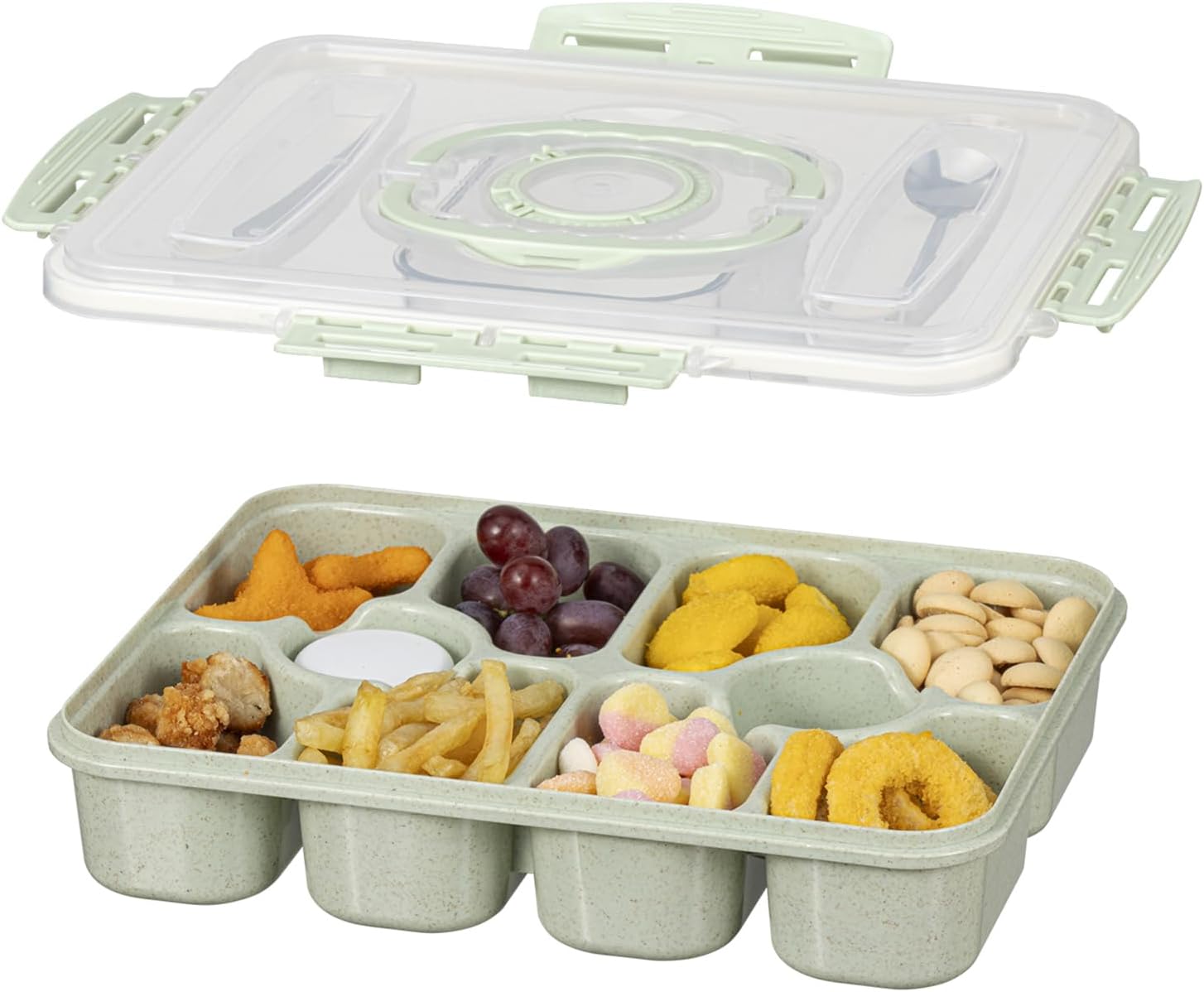 EPHOSHI Snackle Box,Snack Box With 10 Compartments,Divided Serving Tray With Lid And Handle,Include 1 Spoon &1 Fork,Suitable For Travel,Picnic,Campsites,Afternoon Tea (Green)