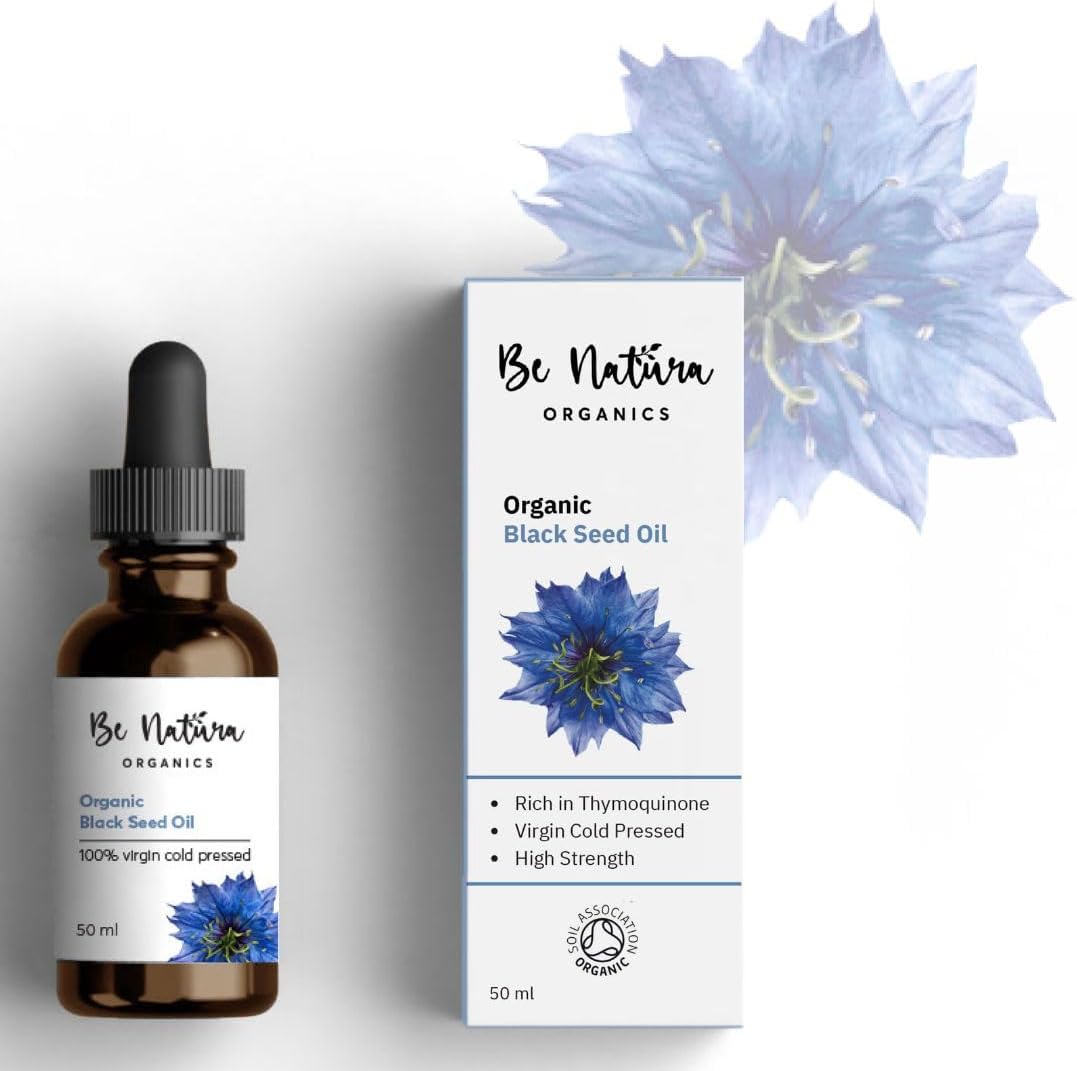 Be Natura Organics 100% Organic Black Seed Oil – Cold Pressed, High Strength (+2% Thymoquinone), Virgin & Pure – Soil Association Certified, 50ml