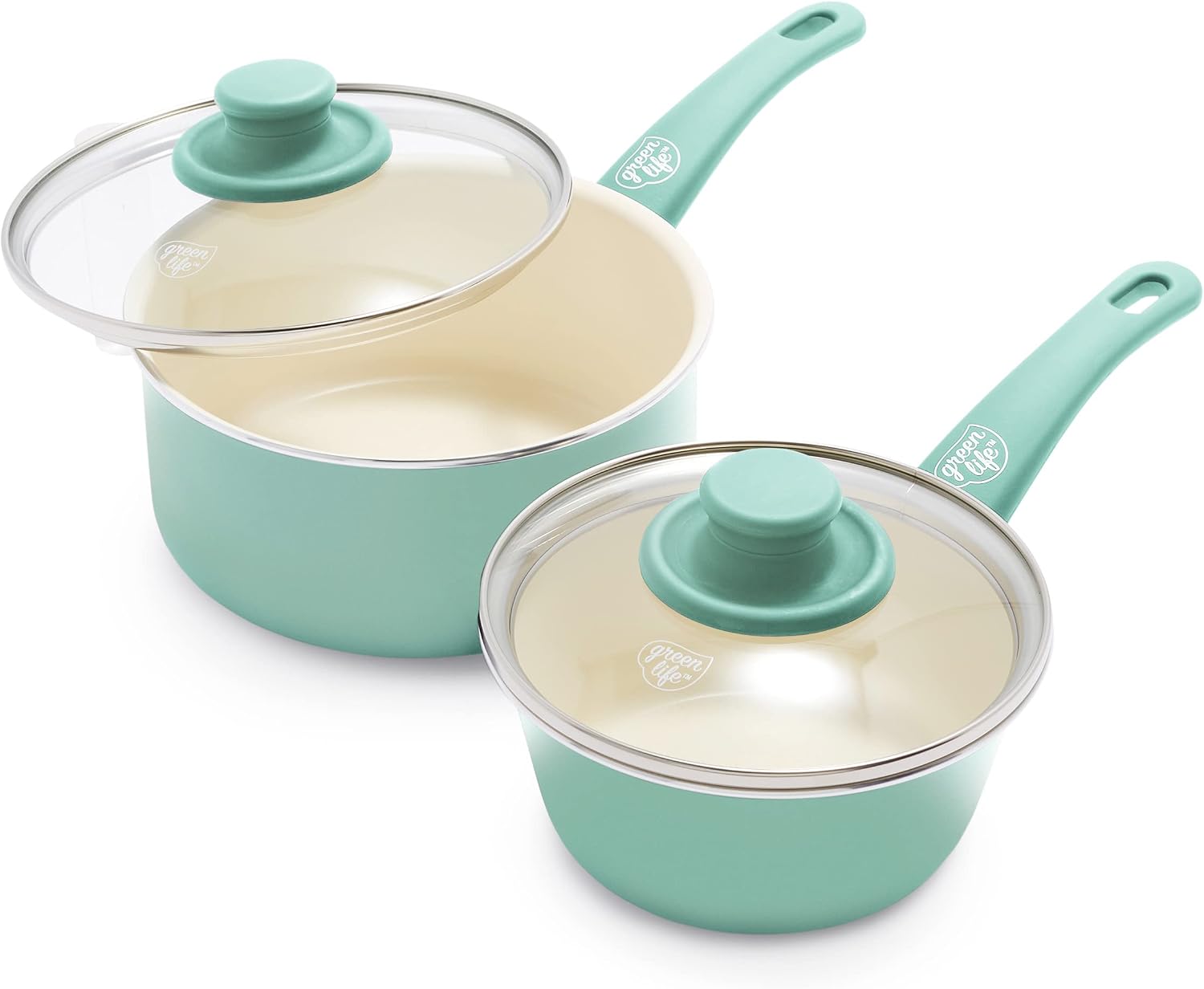 GreenLife Soft Grip Healthy Ceramic Non-Stick 15cm and 18 cm Saucepan Pot Set with Lids, PFAS Free, Turquoise
