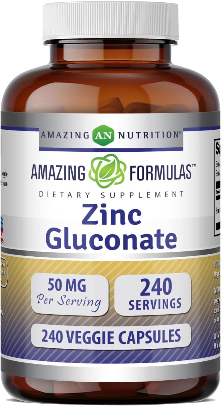 Amazing Formulas Zinc Gluconate | 50 Mg per Serving | 240 Vegetarian Capsules | Mineral Supplement | Non-GMO | Gluten-Free | Made in USA