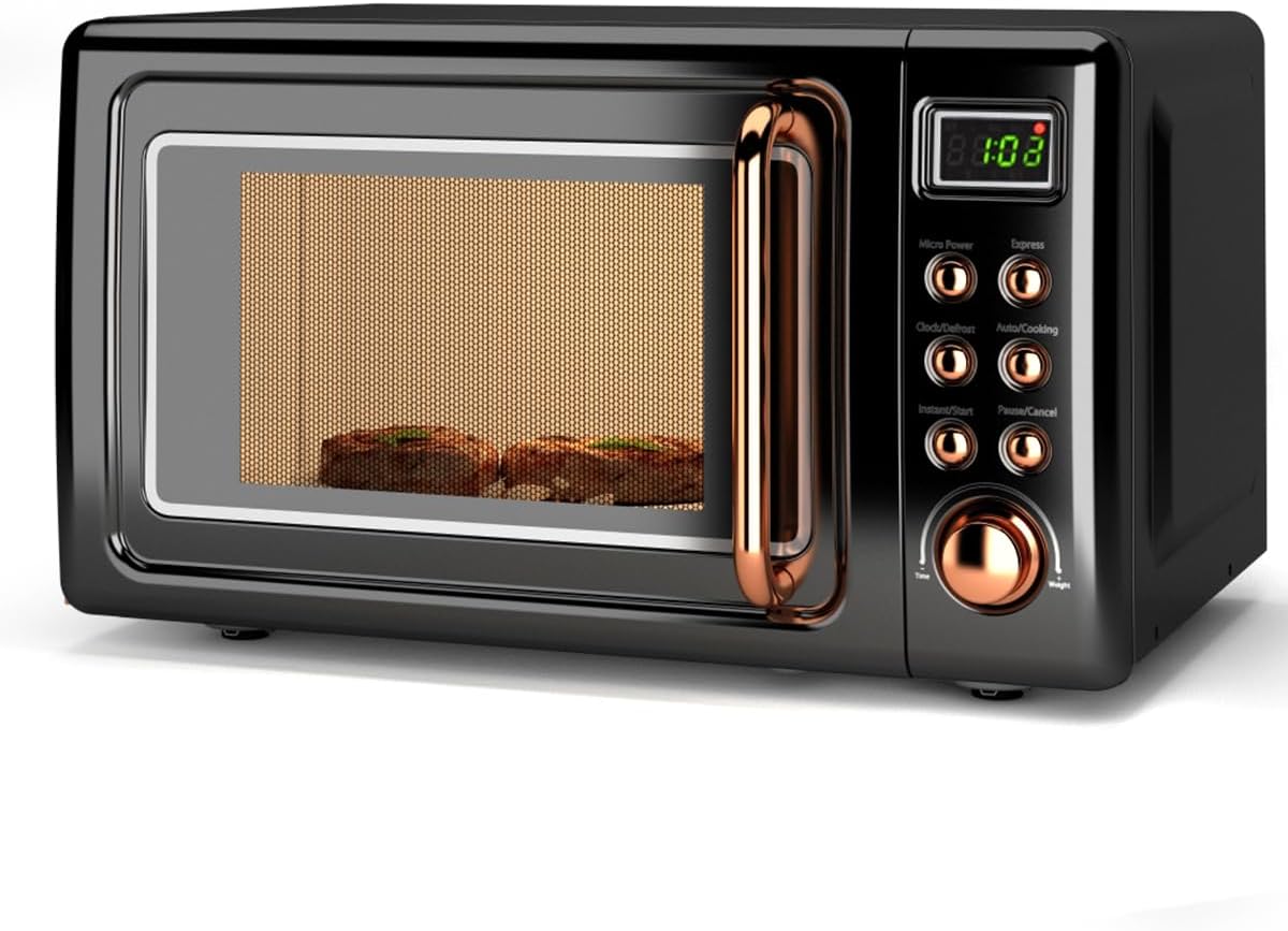 Countertop Retro Microwave Oven, SIMOE 0.7 Cu Ft Small Microwave with Defrost, 5 Micro Power, 8 Auto-cooking Set & Child Lock, Compact Microwave w/10 Inch Turntable, 60-min Timer, LED Display, 700W