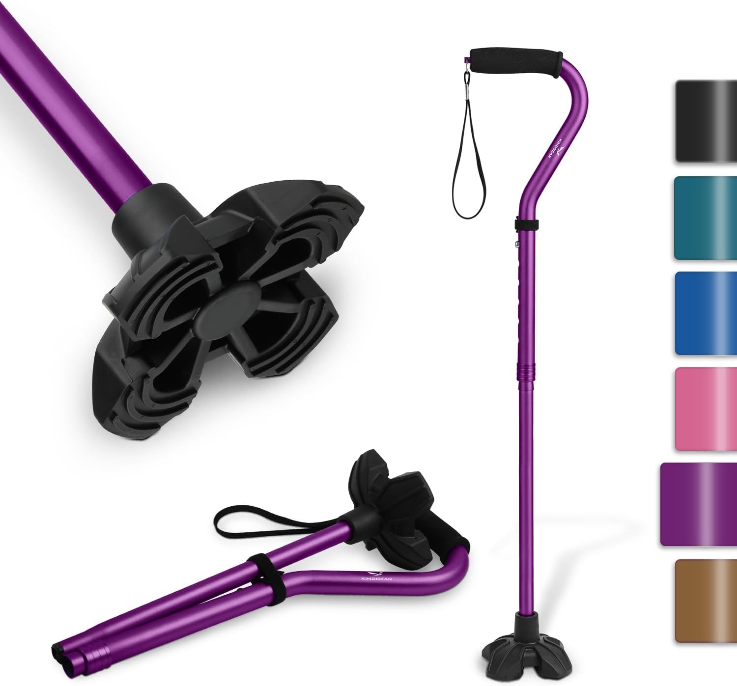 KINGGEAR Self Standing Walking Cane Quad Base for Seniors