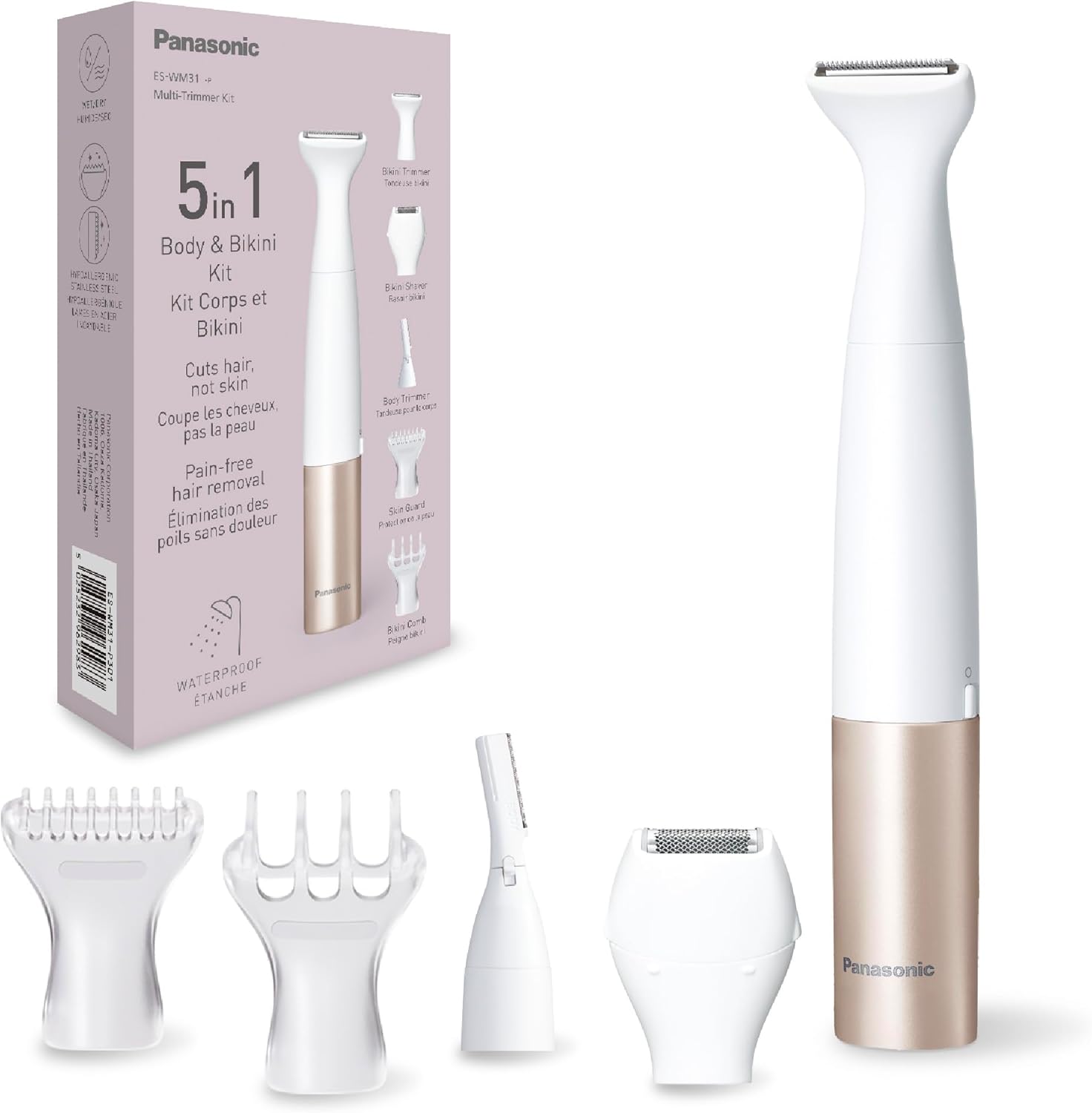 Panasonic ES-WM31 in 1 Body & Bikini Kit, Women's Hair Remover, Ladies Shavers, Bikini Trimmer, 5 Attachments, IPX7 Waterproof, Wet & Dry, Battery Powered (1 x AA Required), White Gold