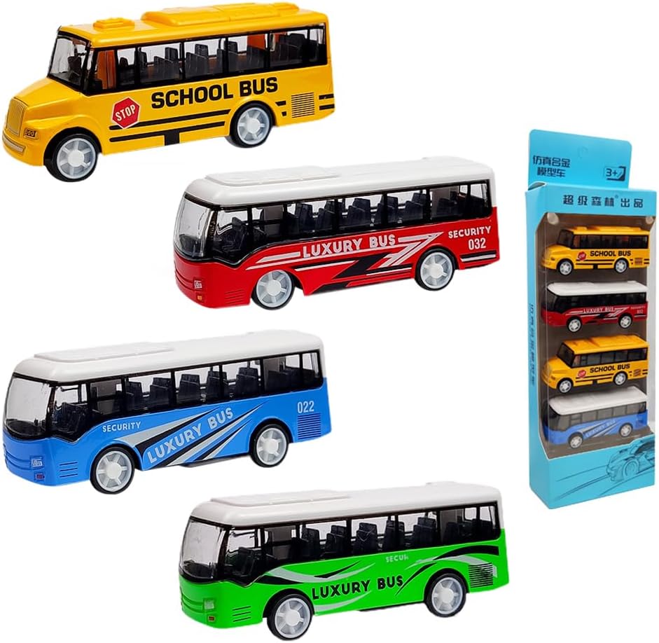 ZPSOSPZ 4pcs Toy Bus, Toy Bus with Gift Box, Big Alloy Diecast Toys Vehicles Buses Toys, Pull-Back Motor Coach Buses, Gifts for Boys, Girls, Kids