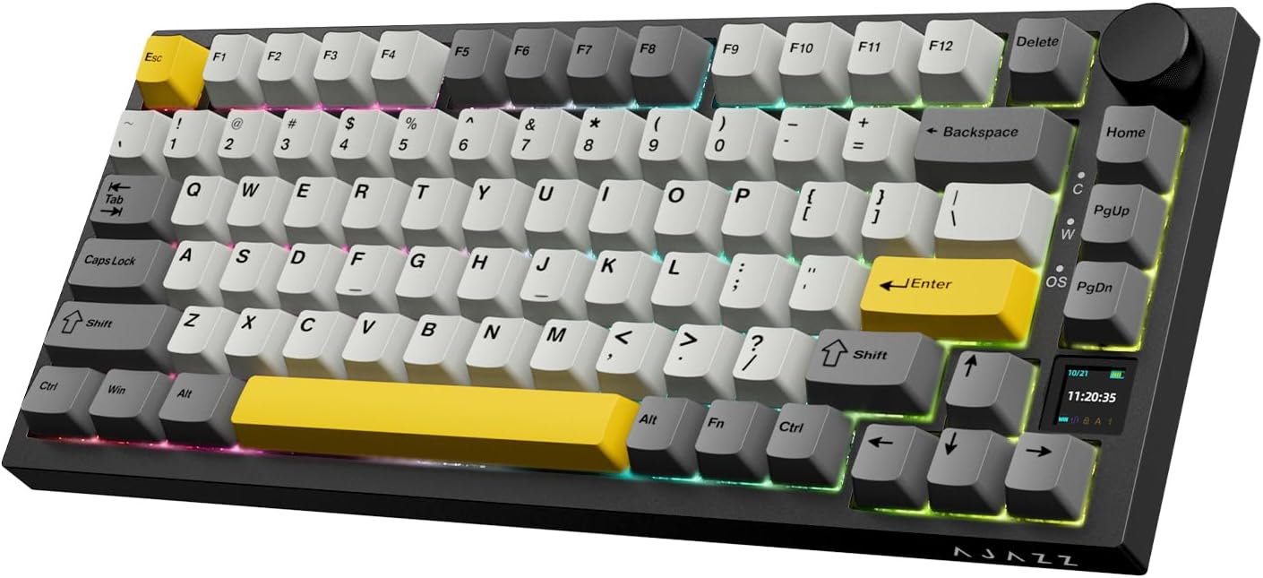 AJAZZ AK820PRO Wireless Mechanical Keyboard,2.4GHz/Bluetooth/USB-C Gaming Keyboard 75% Layout 81 Keys with TFT Color Display&CNC Knob,RGB Backlight Hot-Swap,PBT Keycap,4000mAh Battery-Black Yellow