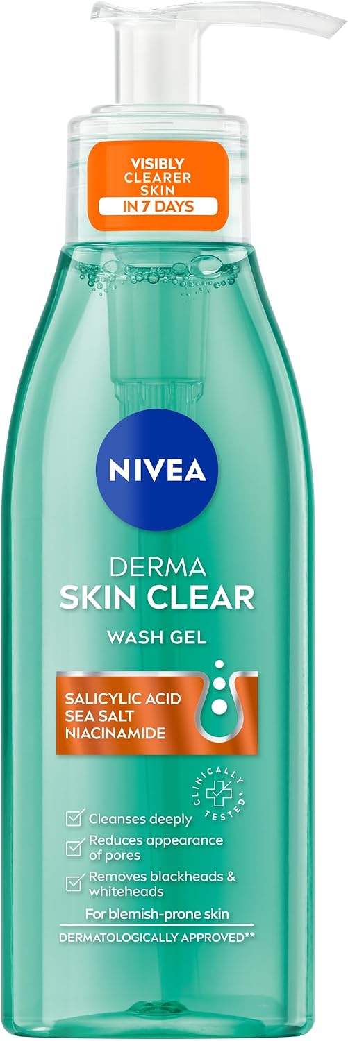 NIVEA Derma Skin Clear Wash Gel (150ml), Deep Cleansing Face Cleanser Gel, Salicylic Acid Face Wash Enriched with Niacinamide to Cleanse Pores and Remove Impurities, For Blemish-Prone Skin