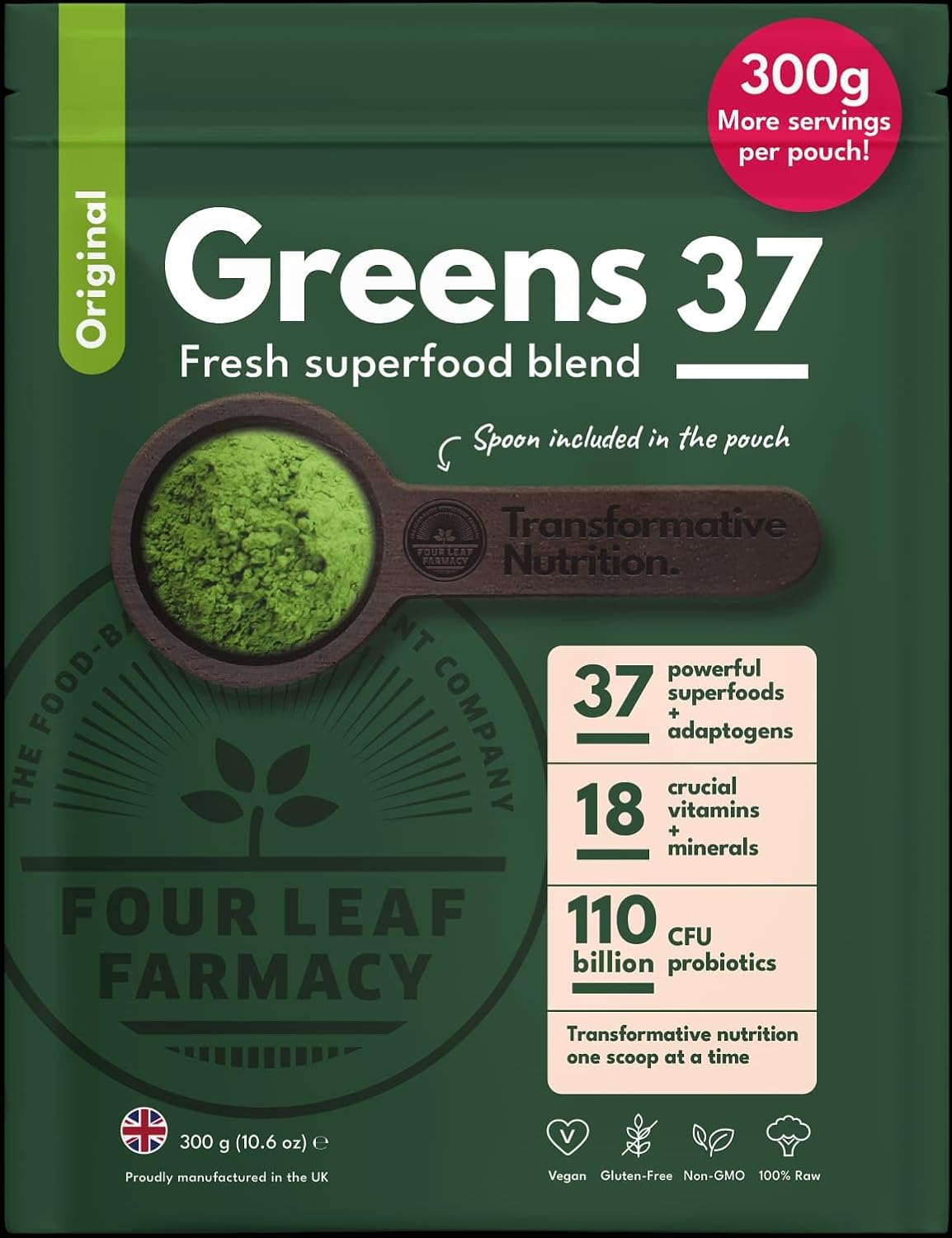 Greens Powder - Made in UK with 37 superfoods - 300g High Dosage Servings - Vegan Gluten Free Greens Powder- Daily Vitamins, probiotics for Gut Health - with KSM-66® Ashwagandha and Lions Mane
