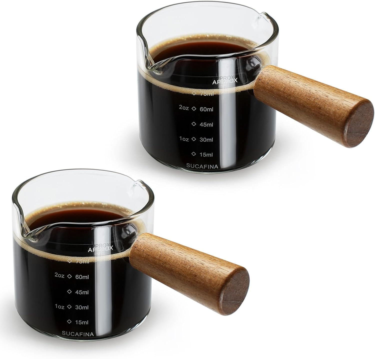 2 Pack Espresso Cups with Wood Handle, Double Spout Glass Measuring Cup with Dual Scale, Espresso Shot Glass with V-Shaped Mouth, Clear Glass Espresso Accessories, Milk Frothing Pitcher 3.52 OZ