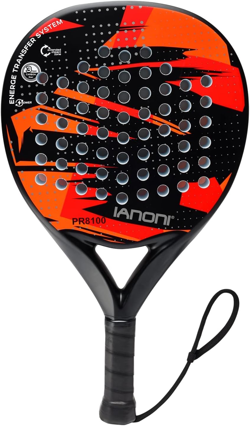 ianoni Padel Racket Carbon Fiber Surface with EVA Memory Flex Foam Core Paddle Tennis Racquets (8100-red)