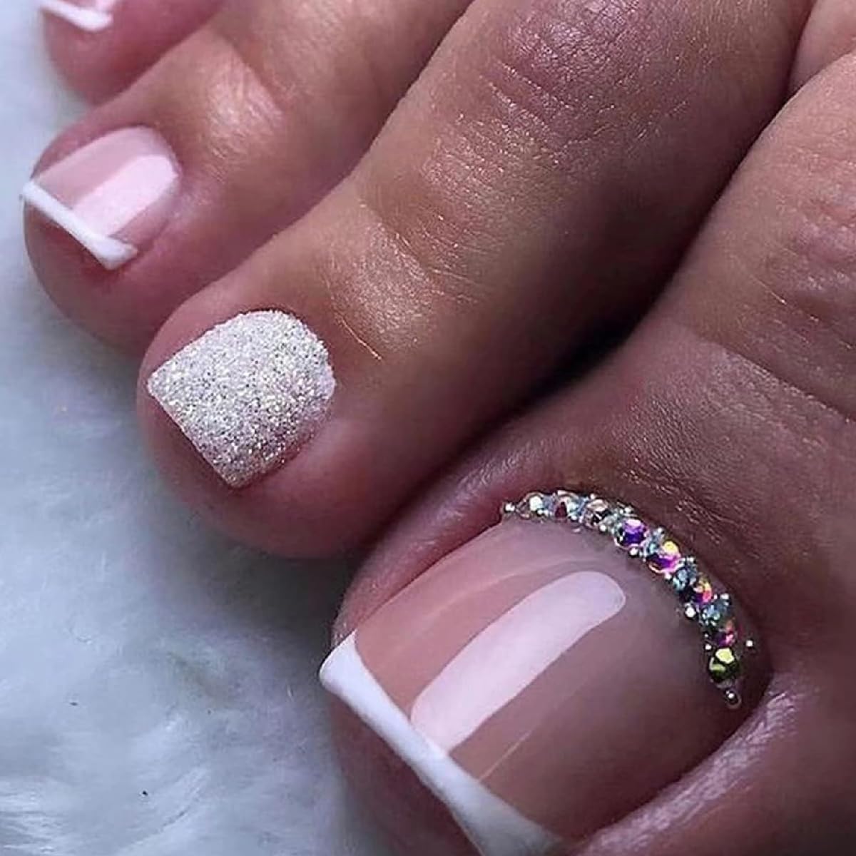 False Toe Nails, Square White French Fake Toe Nail, 24Pcs Glitter Press on Toenail with Rhinestones for Feet Fake Nails with Jerry Glue for Women and Girls