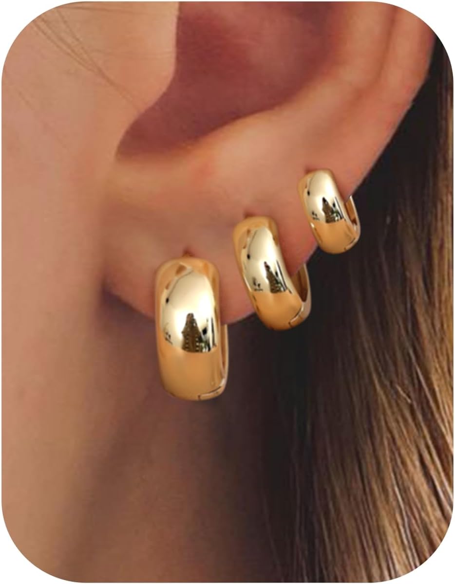 Small Chunky Gold Hoop Earrings for Women - Hypoallergenic Earrings for Sensitive Ears 14K Gold Plated Earrings Set Thick Huggie Hoops Earring Stacks Silver Jewelry