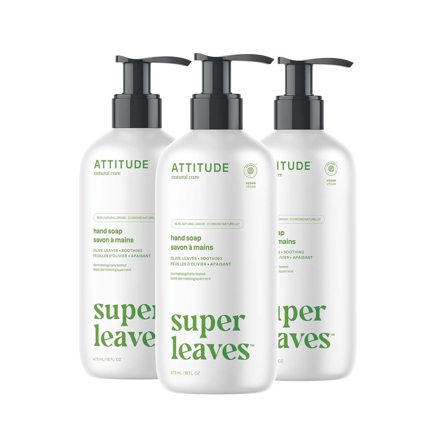 ATTITUDE Liquid Hand Soap, EWG Verified, Plant and Mineral-Based, Vegan Personal Care Products, Olive Leaves, 16 Fl Oz (Pack of 3)