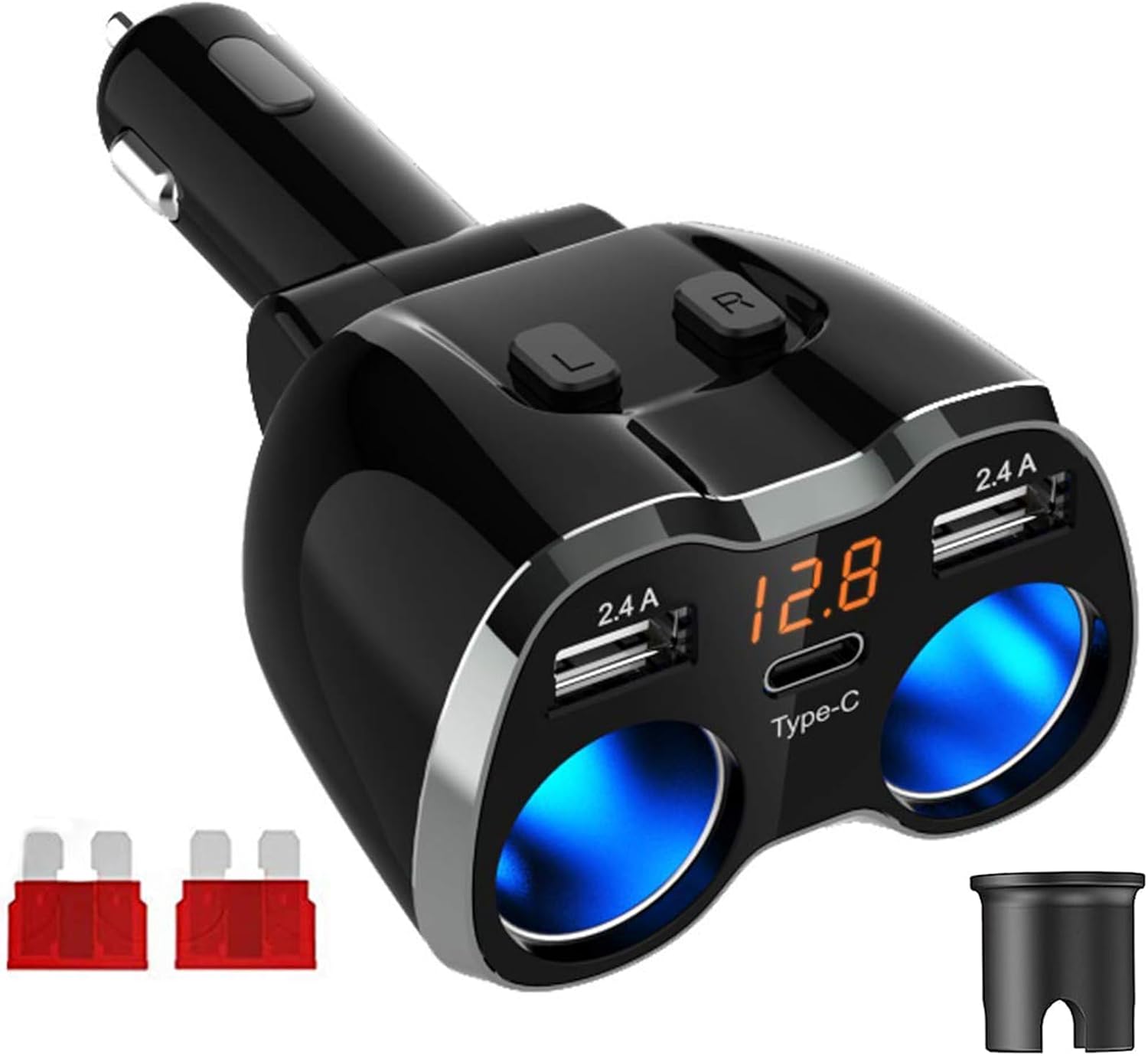 Car Charger Cigarette Lighter Adaptor 120W Power Adapter Two Way Switch 12V/24V Car Power Outlet with Dual 2.4A USB Adapter and Type C Port for Car
